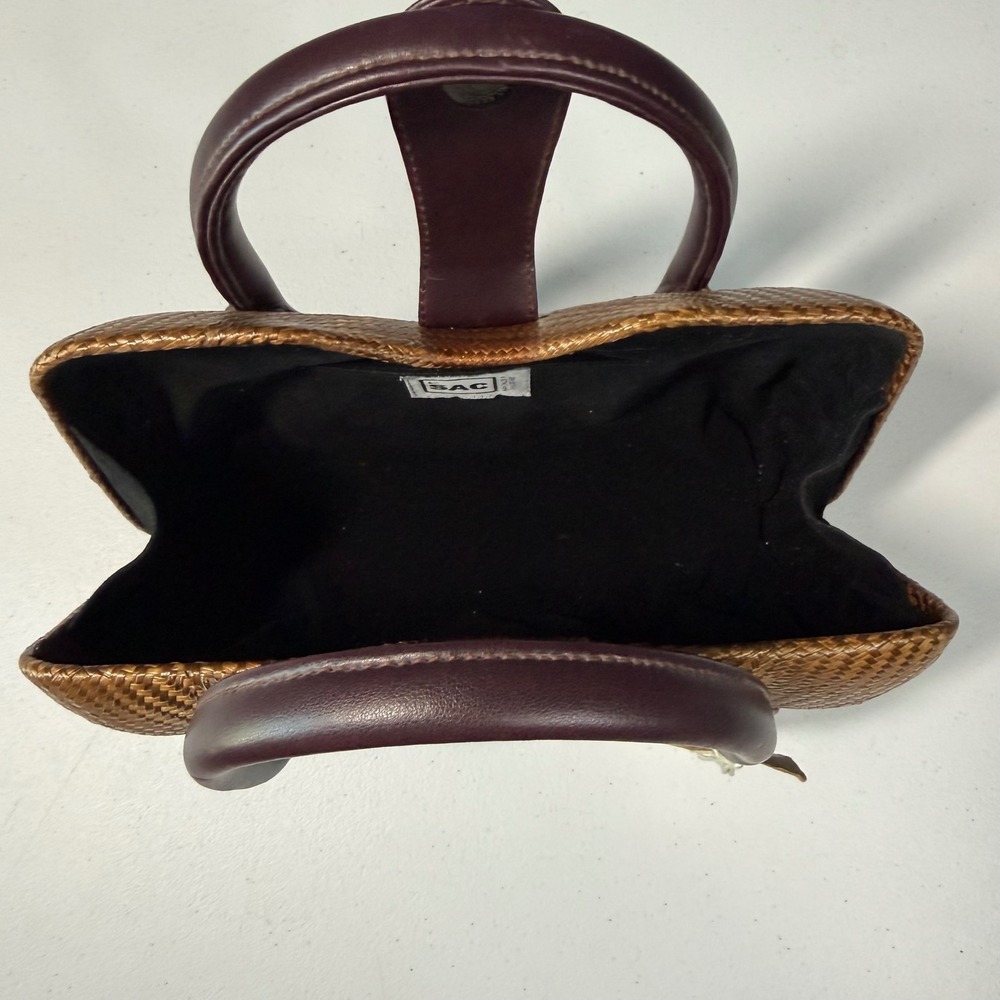 Le SAC Kultura Woven Straw Leather Satchel Handbag Handmade Boho Tropical Brown - Picture 5 of 6